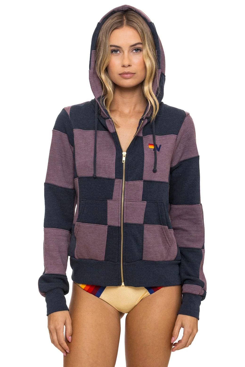 CHECK QUILT ZIP HOODIE - CHARCOAL // MOCHA | Aviator Nation