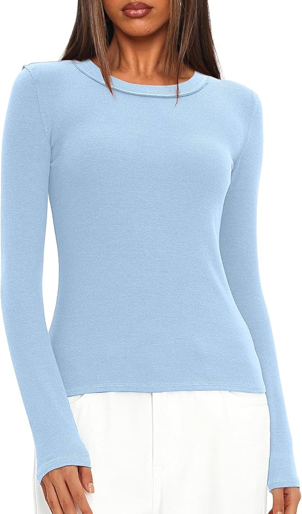 Darong Long Sleeve Shirts for Women Crew Neck Rib Knit Slim Fit Tops Basic Tee Casual T-Shirt Lay... | Amazon (US)