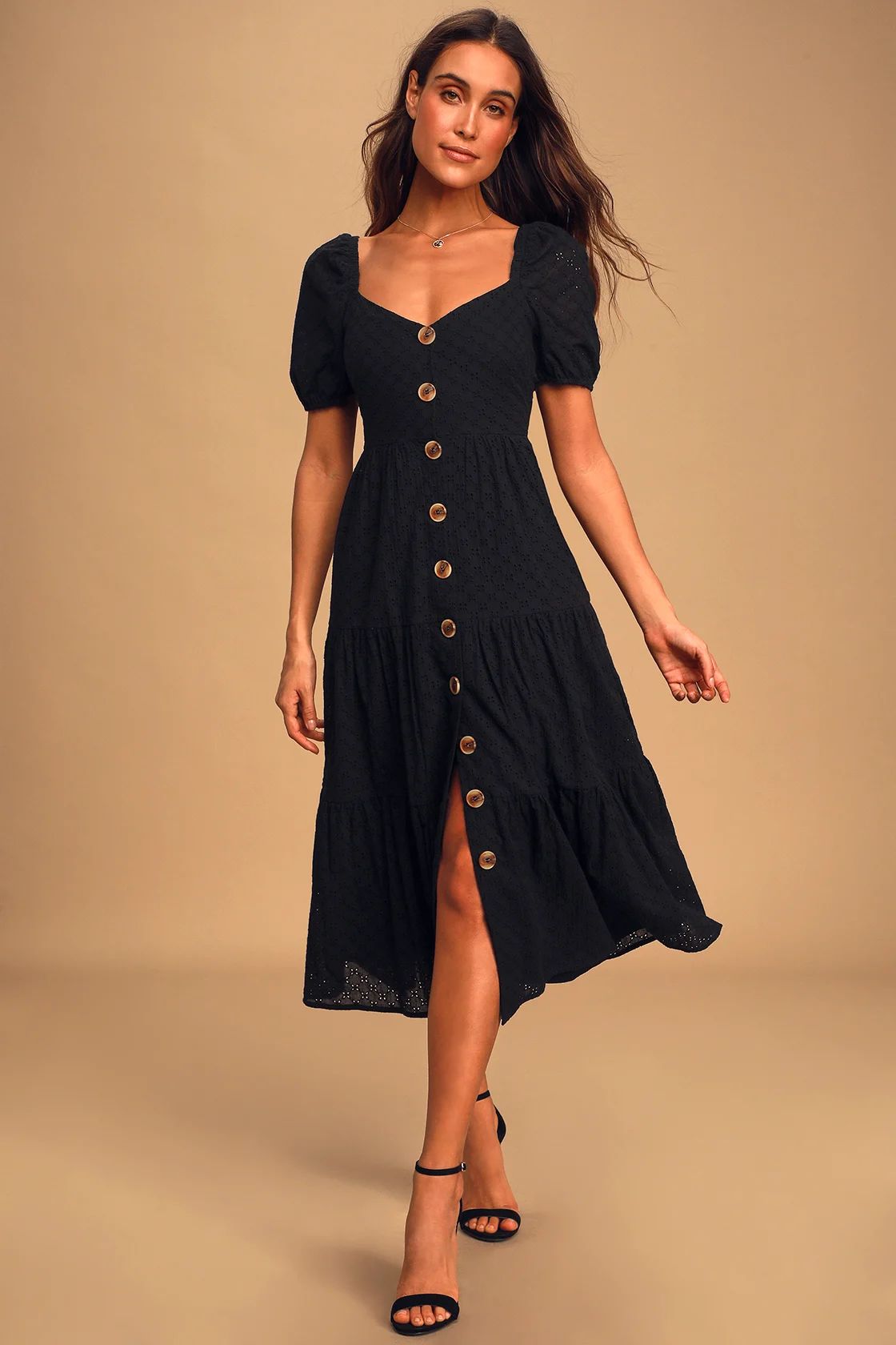 You're My Home Black Eyelet Lace Button Front Tiered Midi Dress | Lulus (US)
