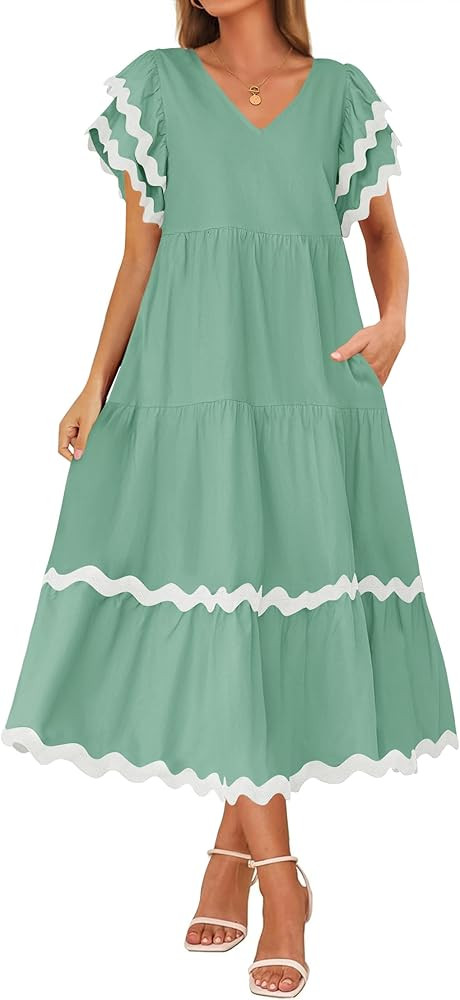 ZESICA Womens 2026 Summer Casual Midi Dresses V Neck Flutter Short Sleeve Ruffle Tiered A Line Fl... | Amazon (US)