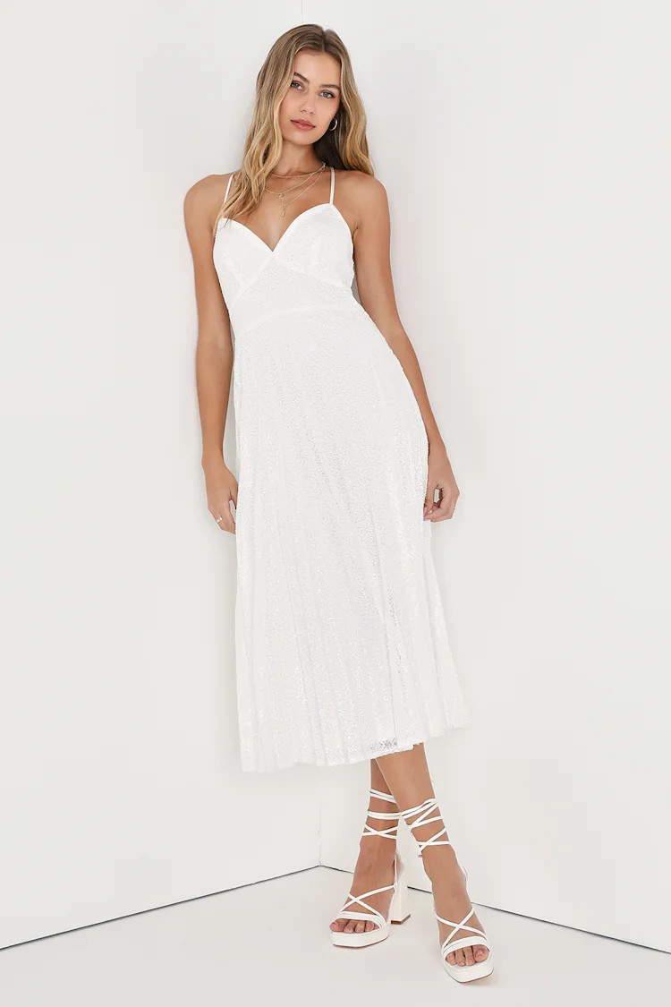 Vision of Elegance White Sequin Pleated Midi Dress | Lulus (US)