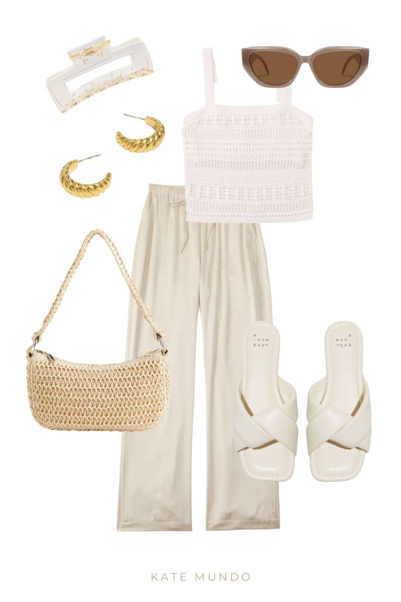 Summer outfit inspiration. Crochet top, satin pants. Straw bag, sandals. Summer style. Kate mundo  

#LTKSeasonal #LTKstyletip #LTKFestival