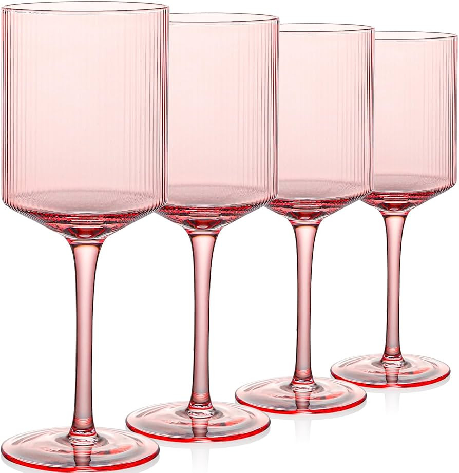 Square Pink Wine Glasses Set of 4 – 15oz Red or White Glasses on Long Stem, Hand Blown Ribbed D... | Amazon (US)