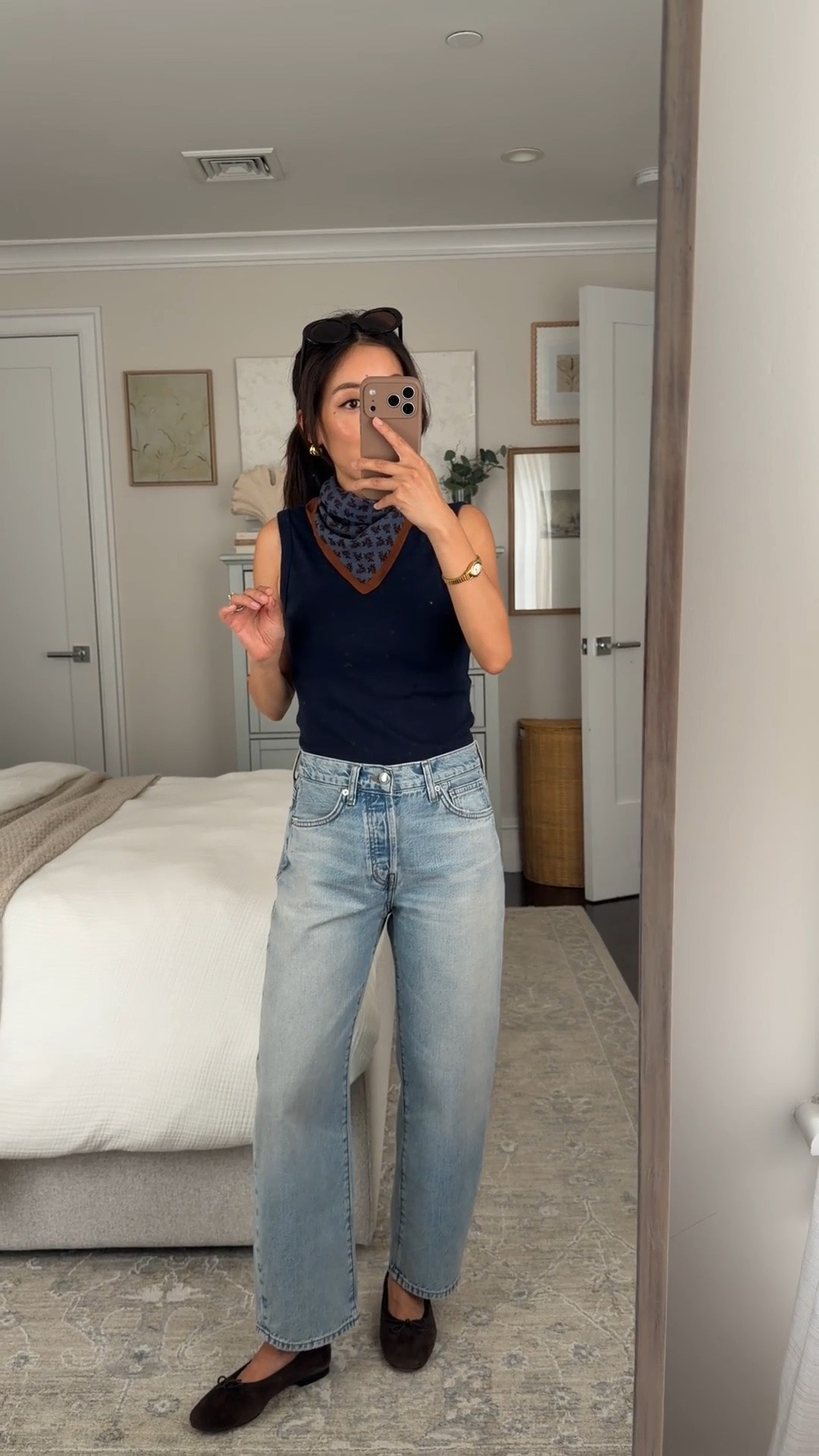 Outfit on sale! • Madewell barrel leg jeans 24 short, mid-rise relaxed fit, perfect length for petites. These are thicker, more rigid vintage style denim than the airy darted barrel jeans I shared earlier. ￼
• soft Cotton shell tank XXS 
• Cotton bandana 
• old ballet flats 5.5, linked similar 
• Oval sunglasses 

Petite friendly jeans, easy mom outfit, summer outfit

#LTKPetite #LTKootd #LTKmomlife