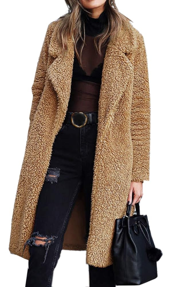 Angashion Women's Fuzzy Fleece Lapel Open Front Long Cardigan Coat Faux Fur Warm Winter Outwear J... | Amazon (US)