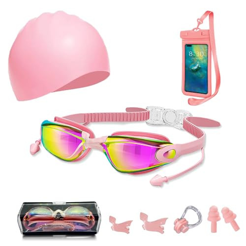 Swim Goggles Swimming Goggles No Leaking with Nose Clip, Earplugs, Swim Cap and Case, Waterproof Phone Pouch Case（Pink） | Amazon (US)