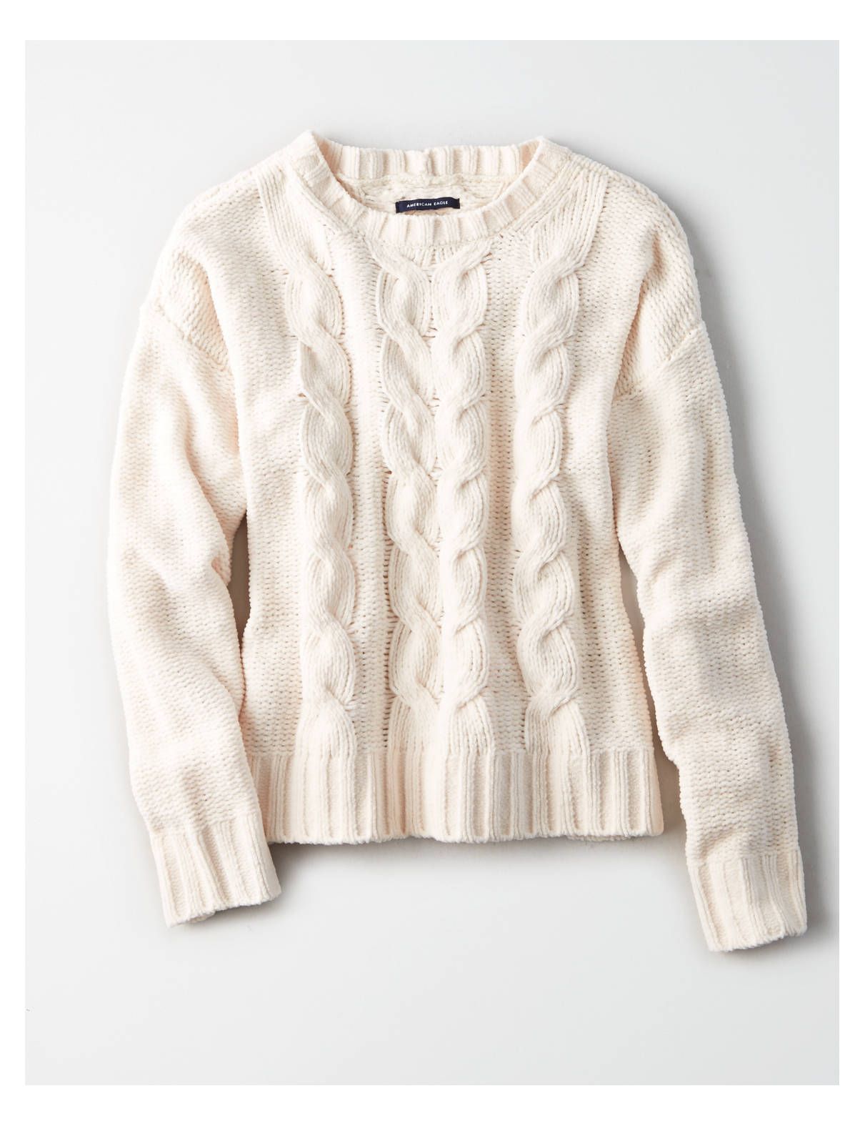 AE Impossibly Soft Cable Knit Sweater, Cream | American Eagle Outfitters (US & CA)