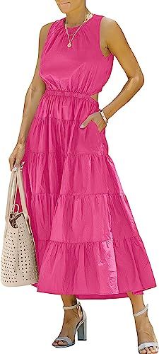 ANRABESS Womens Summer Sleeveless Cutout Maxi Dress Crewneck Tiered Flowy A-Line Sundress with Po... | Amazon (US)