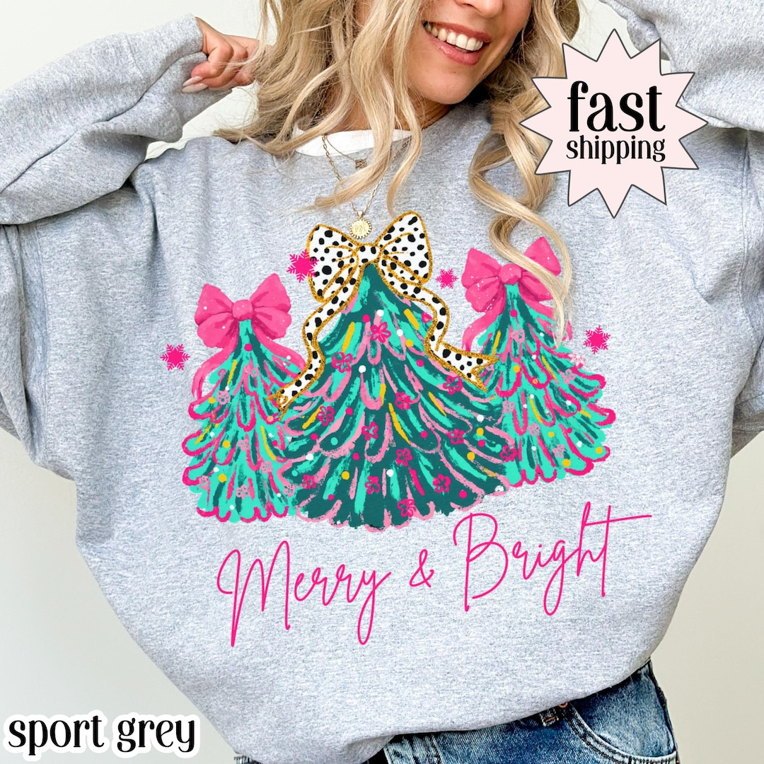 Christmas Sweatshirt Merry & Bright Xmas Tree Sweater Pink Holiday Festive Bow Lights Pullover Cu... | Etsy (US)