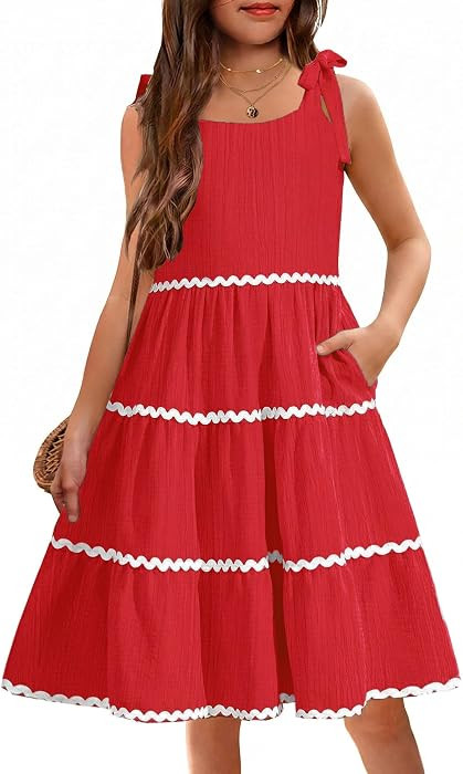 Arshiner Girls Bow-Tie Straps Smocked Backless Tiered Sundress with Pockets | Amazon (US)