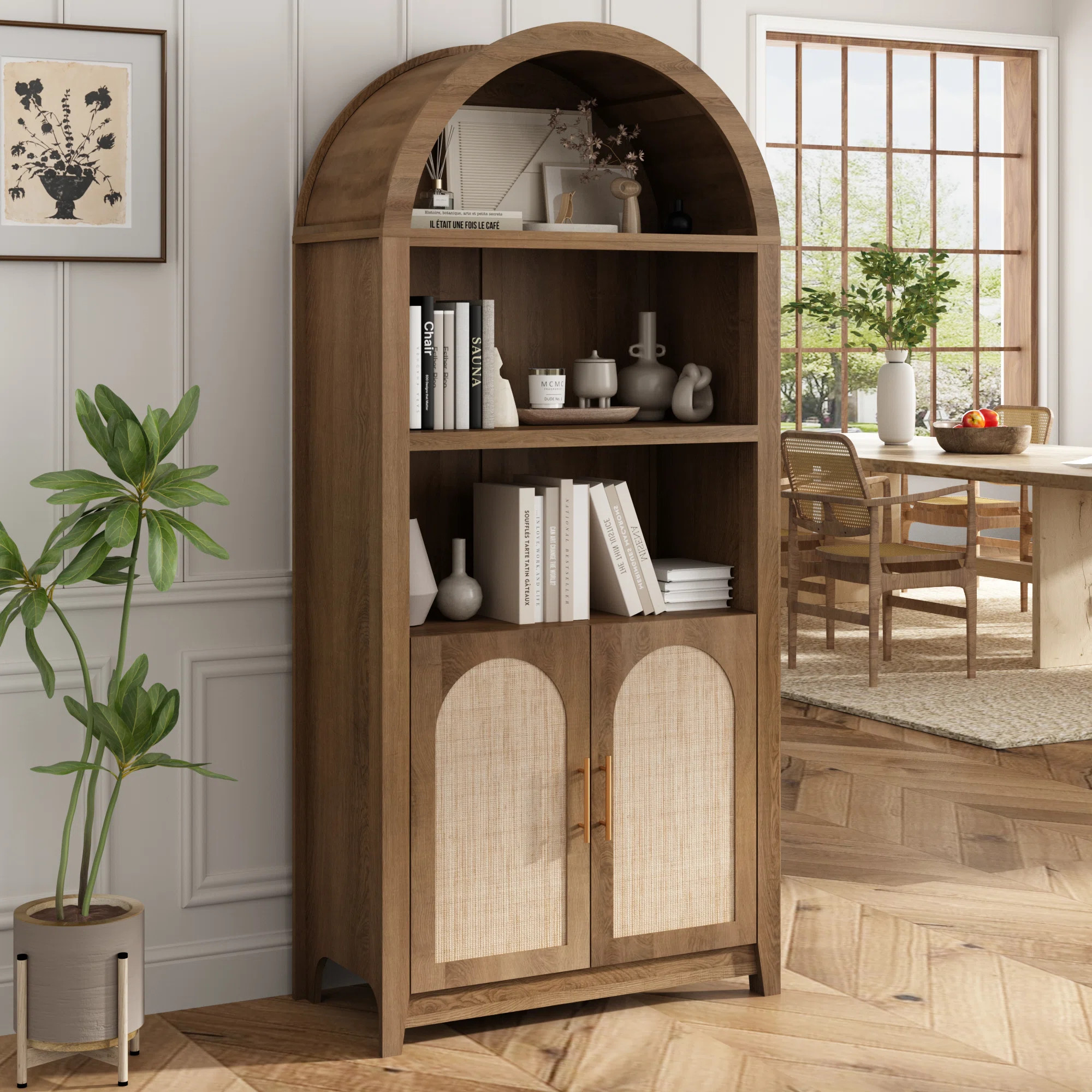 Kalaen 69" Arched Display Wood Cabinet with Authenic Rattan Door and Adjustable Shelves | Wayfair North America