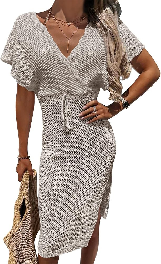 ZESICA Women's 2023 Summer Wrap V Neck Short Sleeve Crochet Hollow Out Mesh Bodycon Beach Cover U... | Amazon (US)