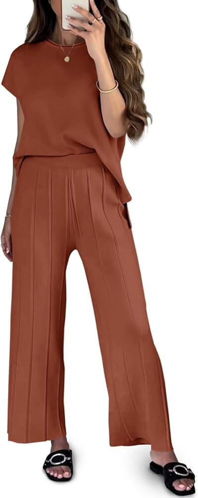 Tankaneo Womens Sweater Lounge Sets Knit Cap Sleeve Vest Tops and Pleated Pants 2 Piece Outfits M... | Amazon (US)