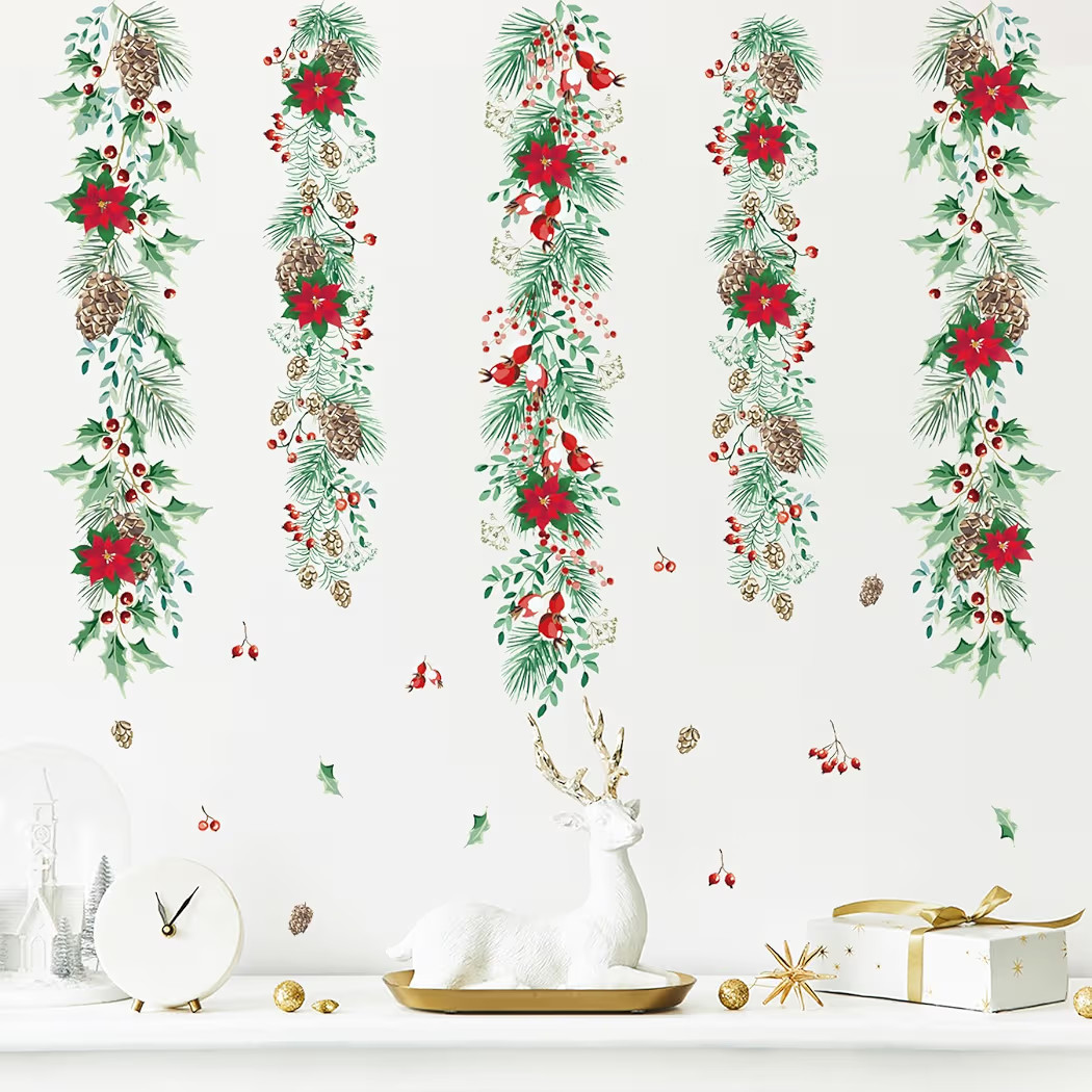 Christmas Garlands Wall Stickers Christmas Pine Cones Red Berry Vine Wall Decals Hanging Poinsett... | Amazon (US)