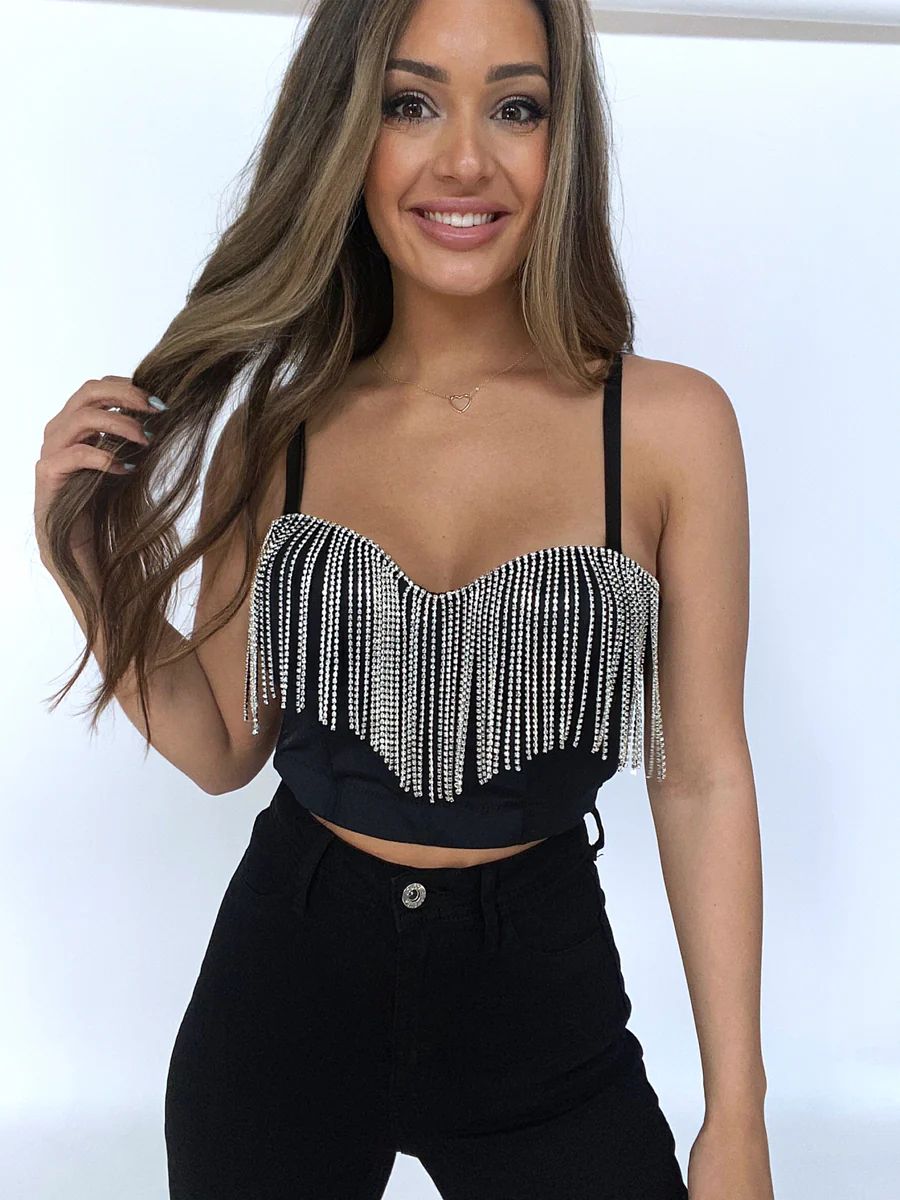 Lilly Rhinestone Fringe Corset Top- Black | Willow Boutique