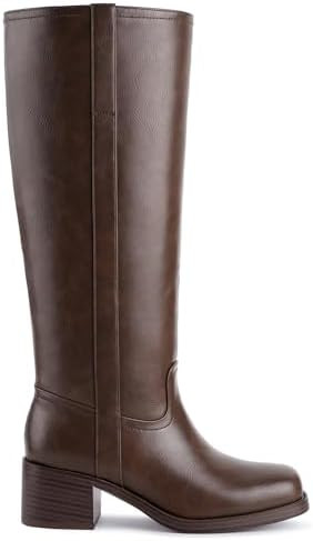 Women's Banana Knee High Boots Square Toe Chunky Block Heel Comfortable Low Heel Pull on Wide Cal... | Amazon (US)