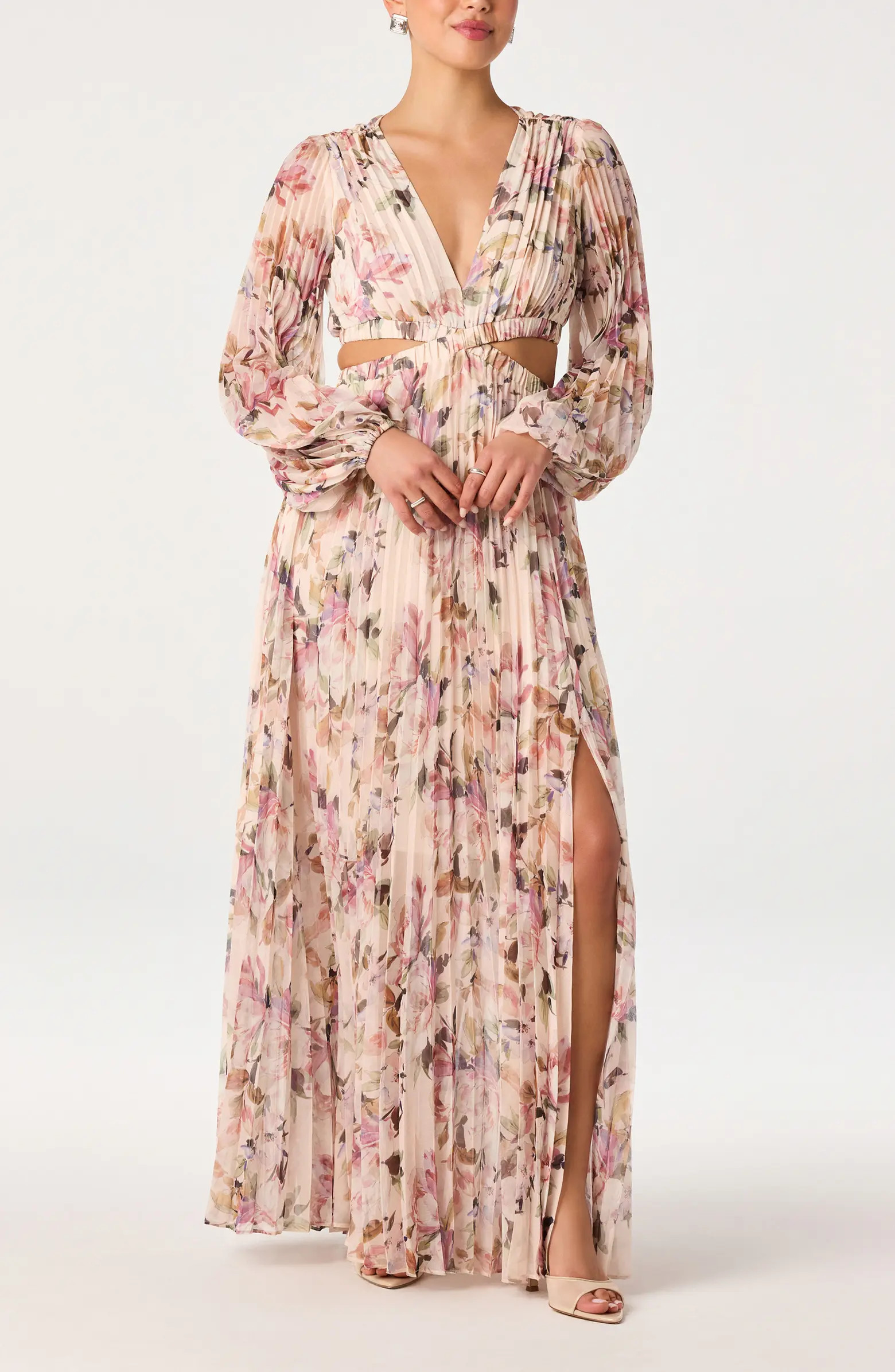 Revery Floral Pleated Cutout Long Sleeve Maxi Dress | Nordstrom Rack