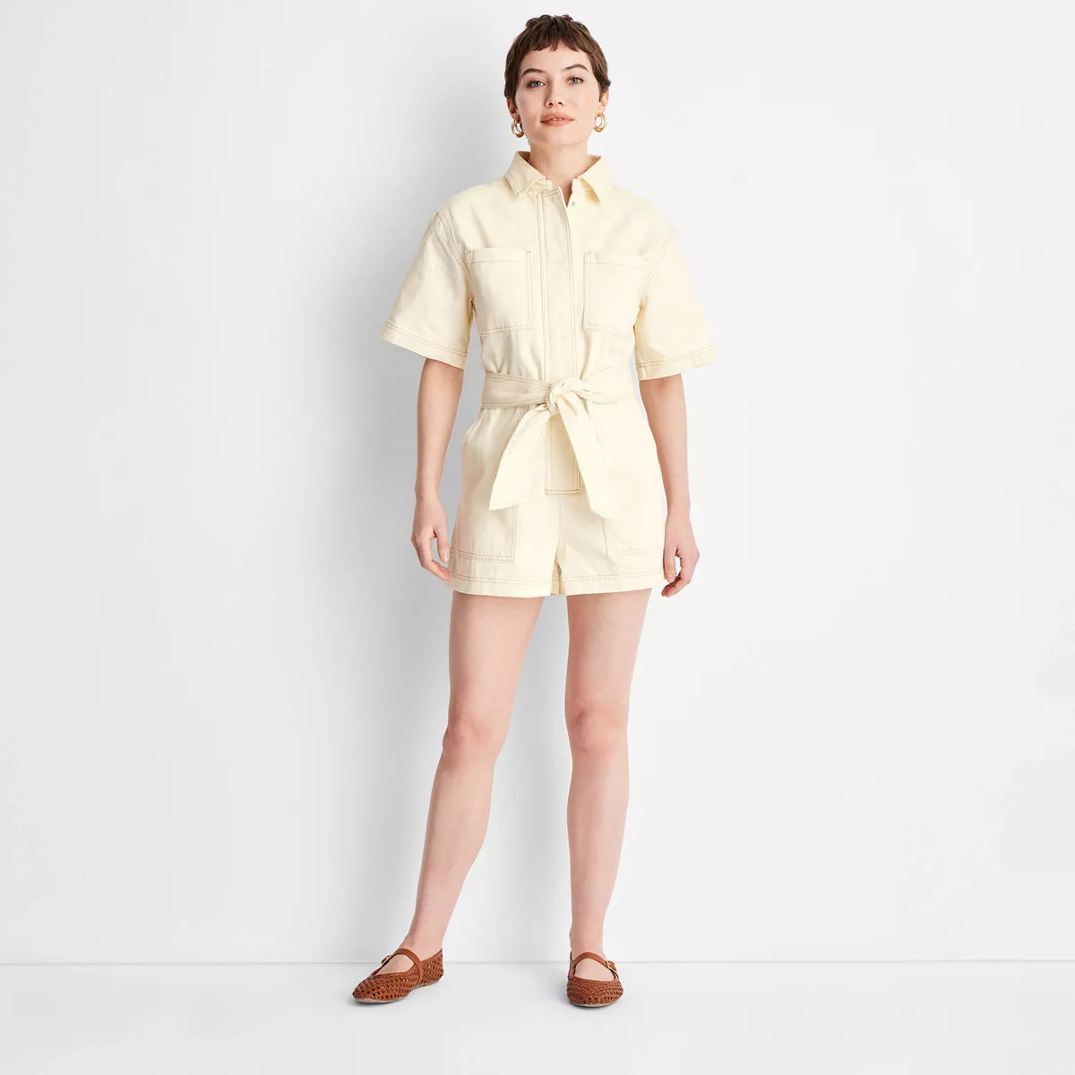Women's Short Sleeve Utility Romper - Future Collective Pink XS: Collared, Pockets, Woven Fabric | Target