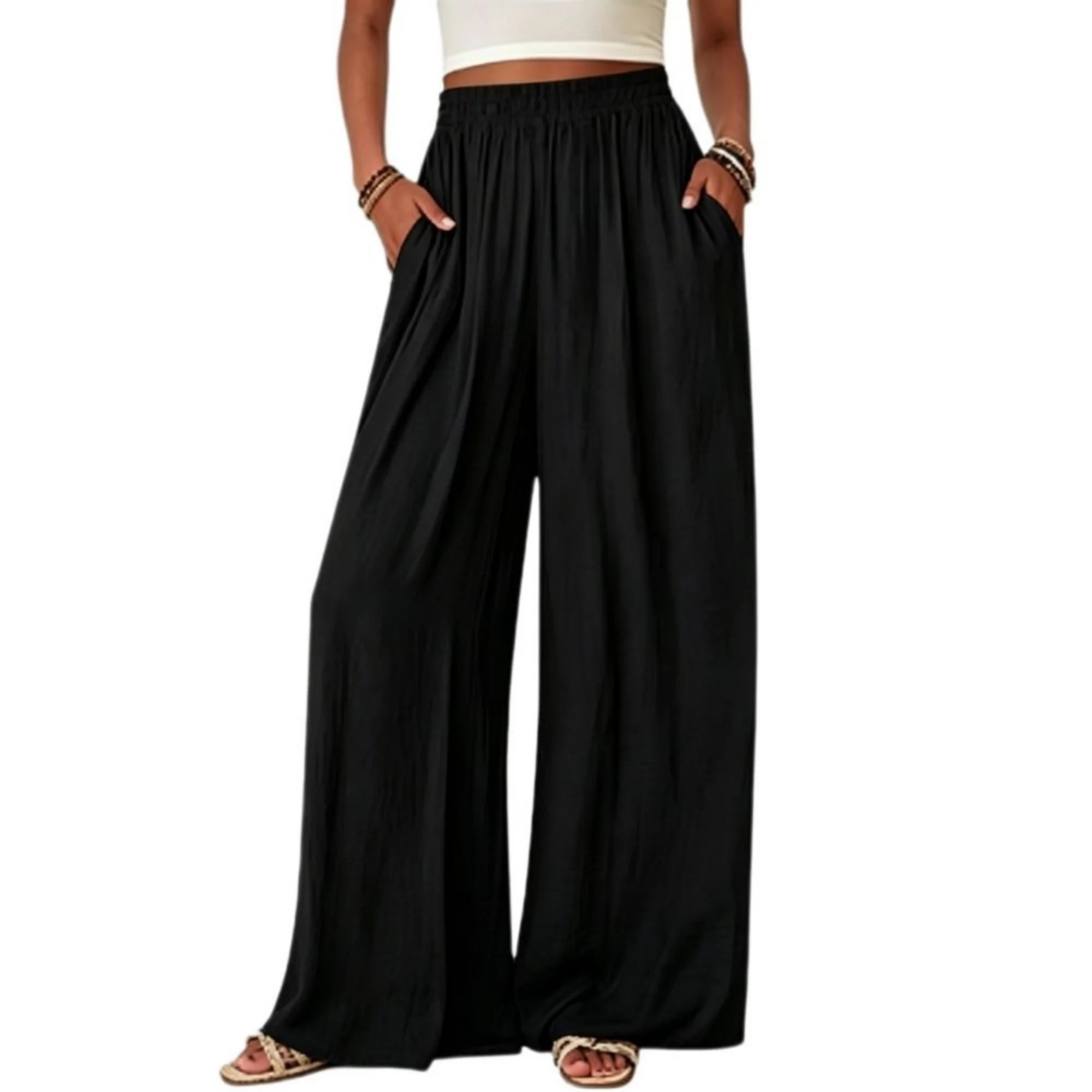 Women's Elastic High Waist Flowy Wide Leg Palazzo Pants Casual Dressy Trousers With Pockets | Kohl's