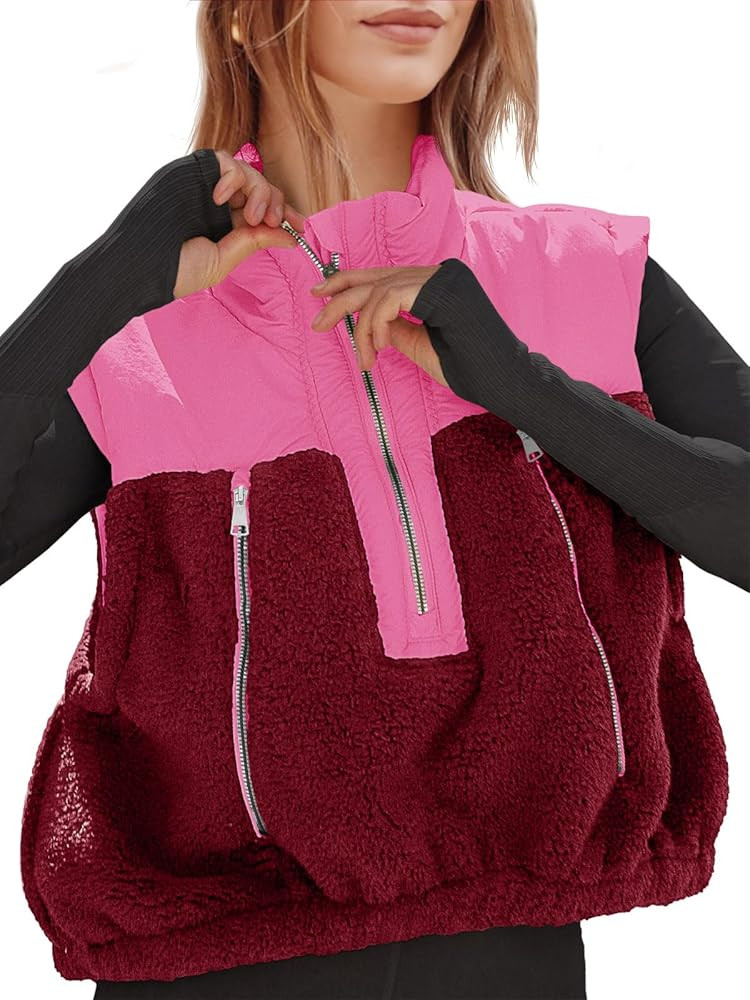 Tankaneo Womens Cropped Vests Outerwear Color Block Half Zipper Fleece Sherpa Sleeveless Winter C... | Amazon (US)