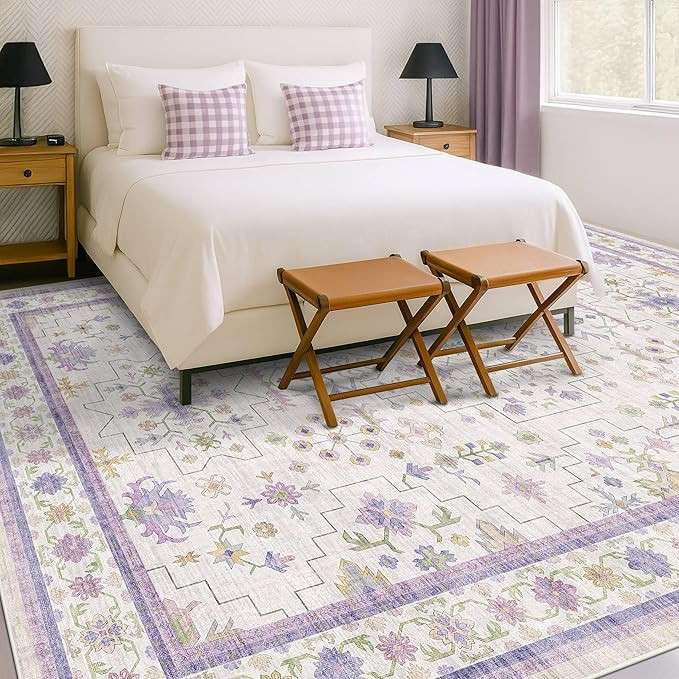 8x10 Large Lavender Rug for Bedroom, Floral Area Rug for Living Room, Dinning Room Under Table, C... | Amazon (US)