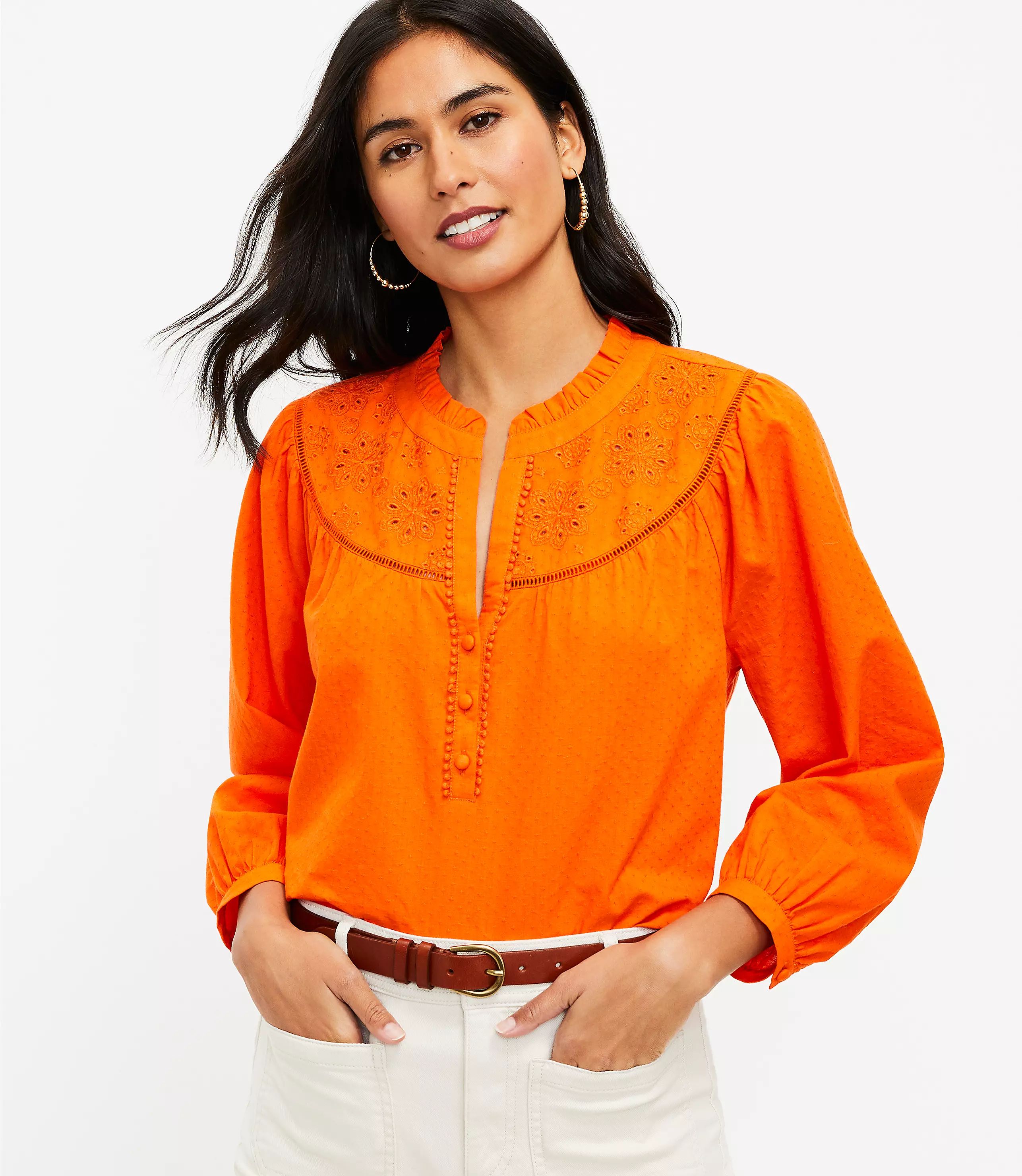 Embroidered Round Yoke Blouse | LOFT