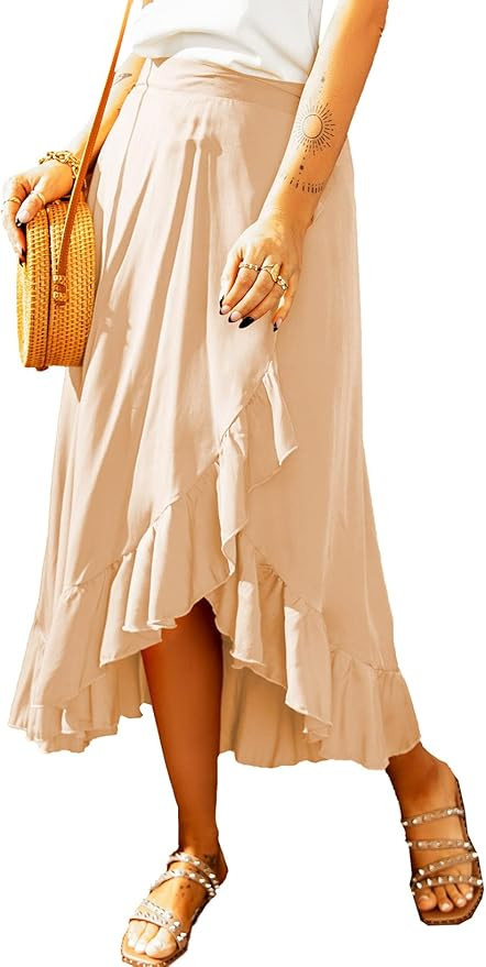 Happy Sailed Womens Ruffle Wrap Skirt Casual High Waist Self Tie Side Slit Maxi Boho Skirts S-XL | Amazon (US)
