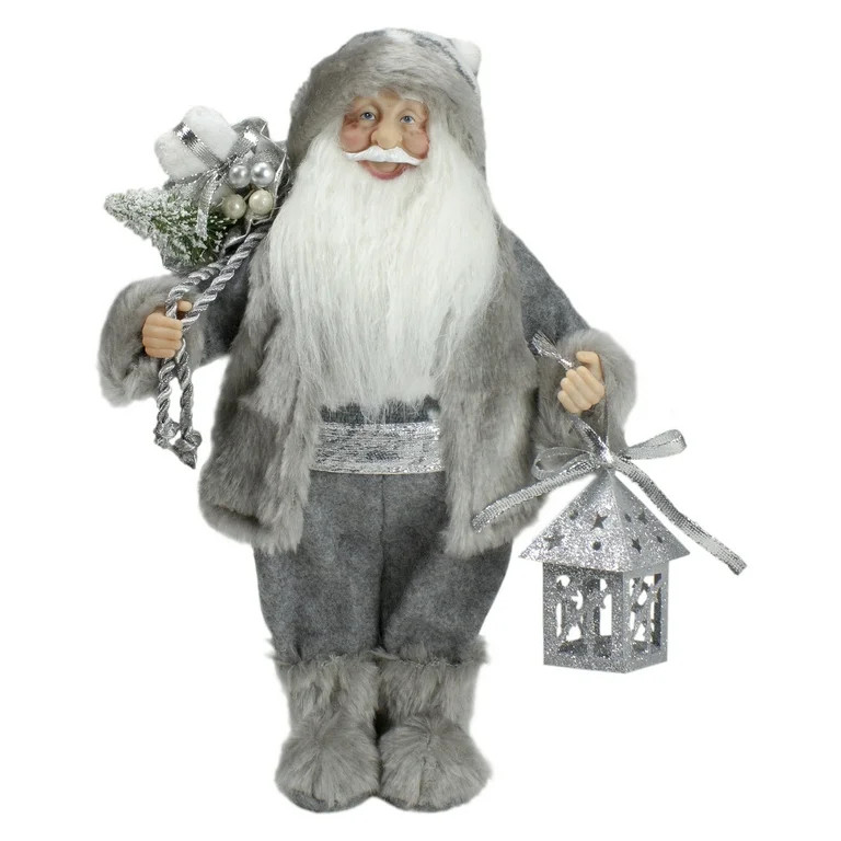 Northlight 12" Gray and White Standing Santa Claus Christmas Figurine with Bag and Lantern | Walmart (US)