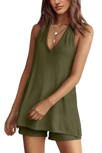 Panadila Womens Summer Two Piece Sets Beach Vacation Outfits Halter Neck Tank Top and Shorts Set Knit Lounge Clothes (Army Green,L) | Amazon (US)