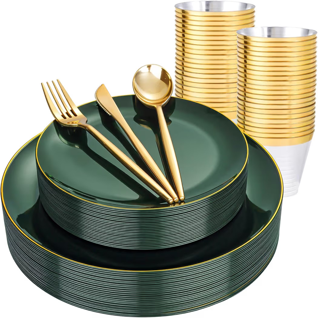 bUCLA 150PCS Green Plastic Plates - Green and Gold Disposable Include 25 Each (Dinner & Dessert) Plates, 25 Knives, 25 Forks, 25 Spoons and 25 Cups, Ideal for Party&Christmas | Amazon (US)