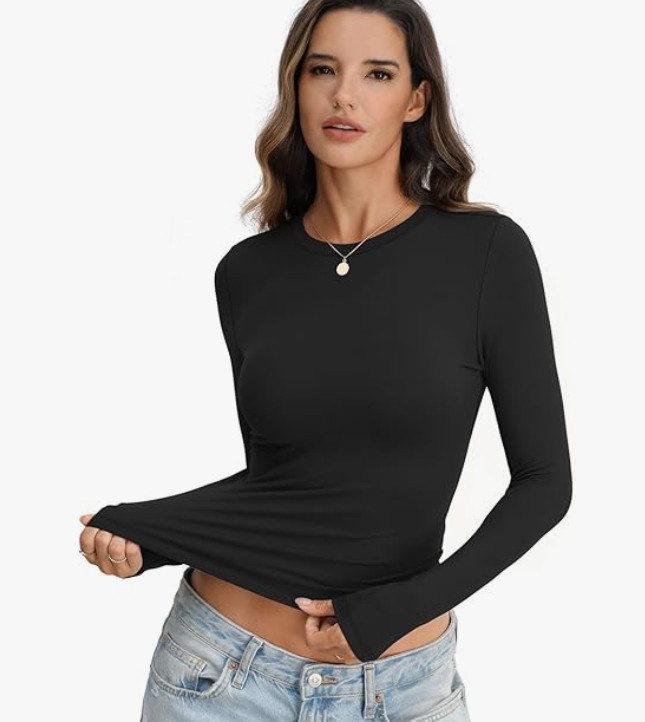 Womens Long Sleeve Shirts Crew Neck Slim Fit Crop Tops Fall Basic Going Out Y2k Fashion Clothes 2026 womens basic outfit 

 