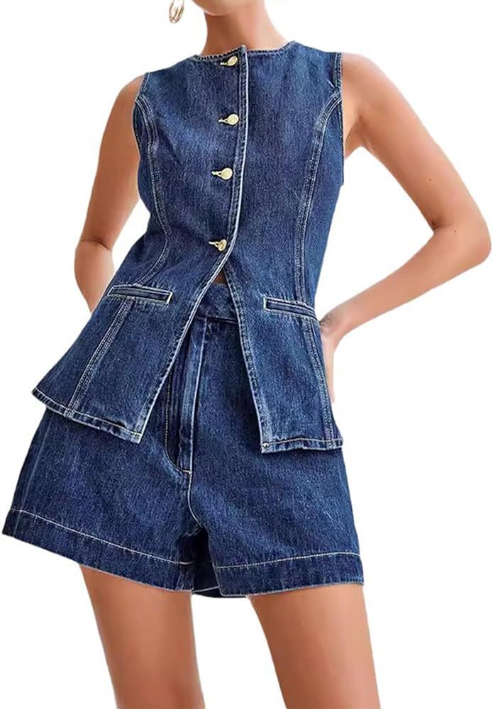 NIFTRIRY Two Piece Sets for Women Summer Vest Sets Women 2 Piece Outfits Denim Outfit for Women S... | Amazon (US)