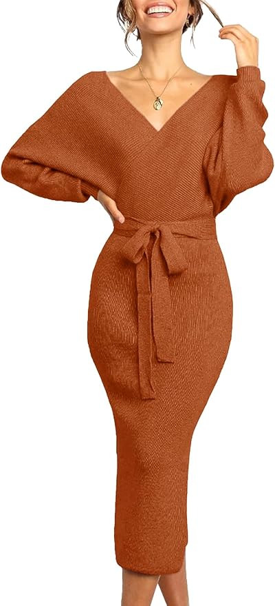 Chang Yun Women's Long Maxi Sweater Dresses Sexy Wrap Batwing V Neck Slit Open Back Holiday Bodyc... | Amazon (US)