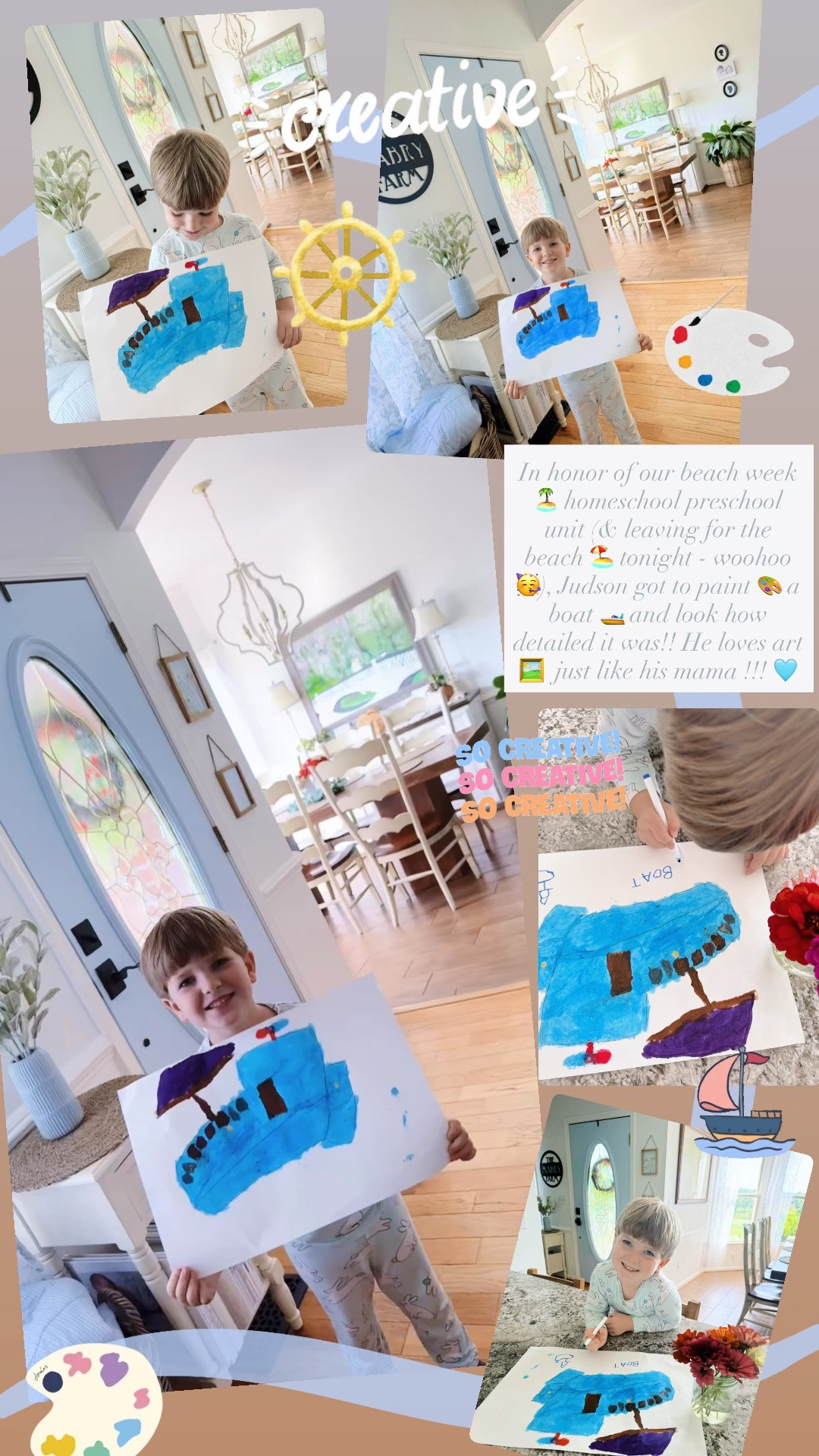 In honor of our beach week 🏝️ homeschool preschool unit (& leaving for the beach 🏖️ tonight - woohoo 🥳), Judson got to paint 🎨 a boat 🚤 and look how detailed it was!! He loves art 🖼️  just like his mama !!! 🩵