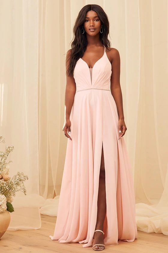 She's Gorgeous Blush Pink Lace-Up Rhinestone Maxi Dress | Lulus (US)