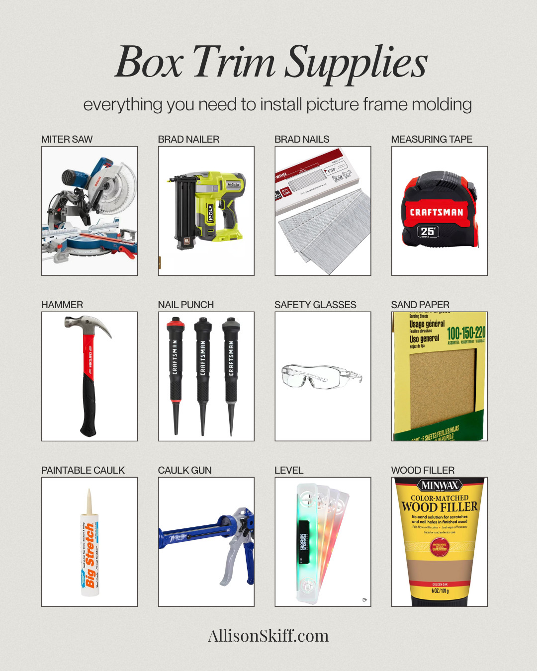 If you're planning to add some DIY picture frame molding, box trim, wainscoting or other wall treatment to your home, these are the supplies you need to have on hand before getting started. These are my specific tried and true brands I've used for my home office box trim, bathroom wainscoting, dining room picture frame molding and bedroom double stacked box moldings. 

 #LTKHome