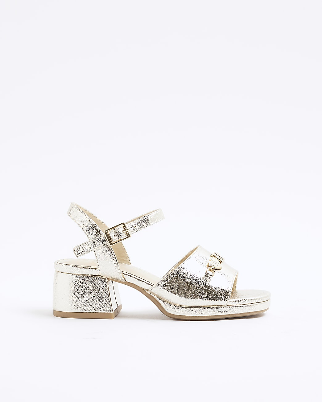 Girls Gold Heart Trimmed Block Heeled Sandals | River Island UK & IE