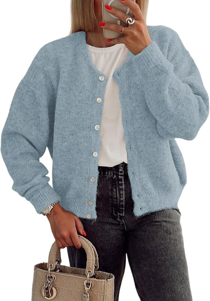 Women's Long Sleeve Front Button Y2k Cardigan Sweaters Crew Neck Loose 2025 Fall Tops | Amazon (US)