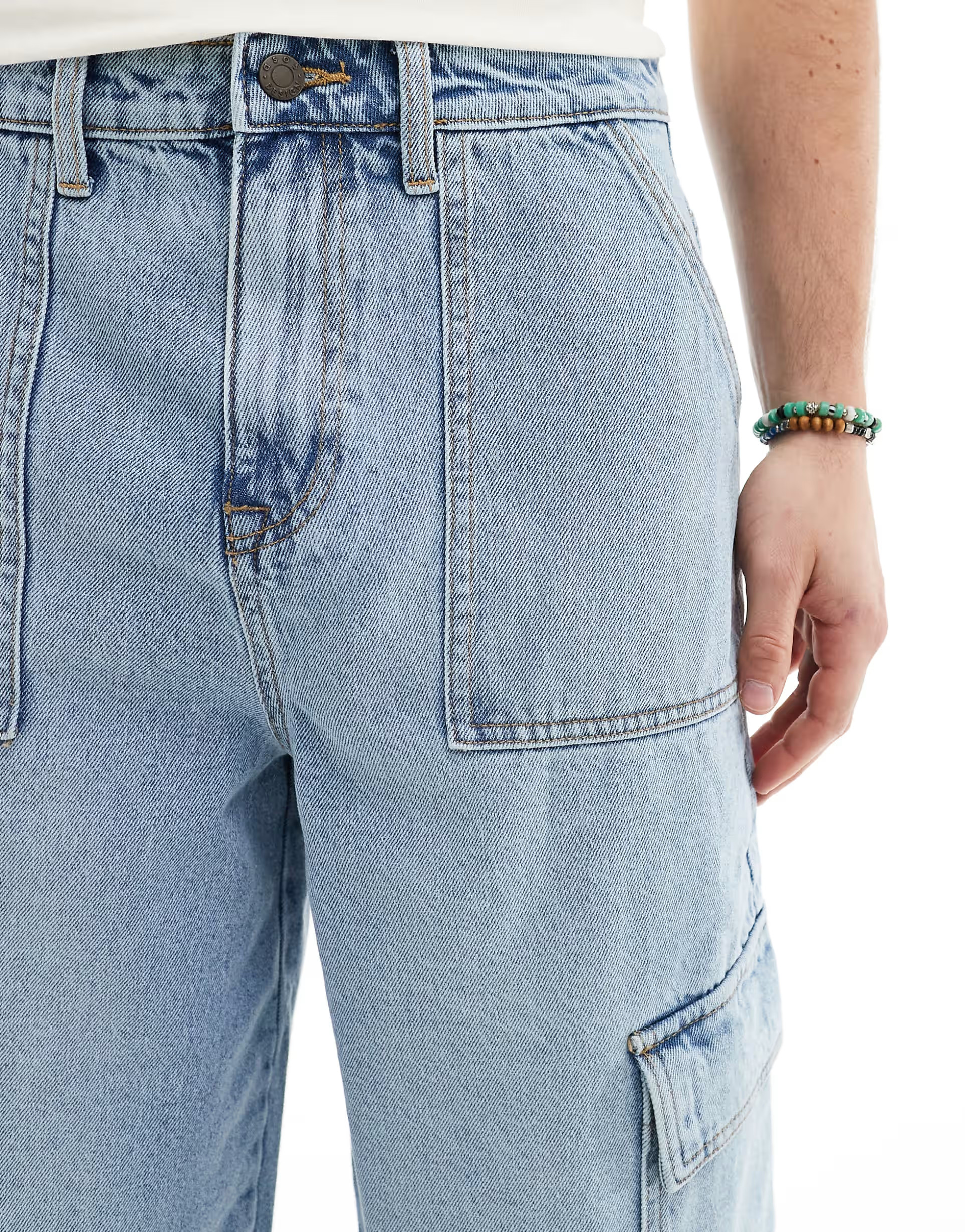 ASOS DESIGN super long length denim jorts with cargo detailing in light blue wash | ASOS (Global)