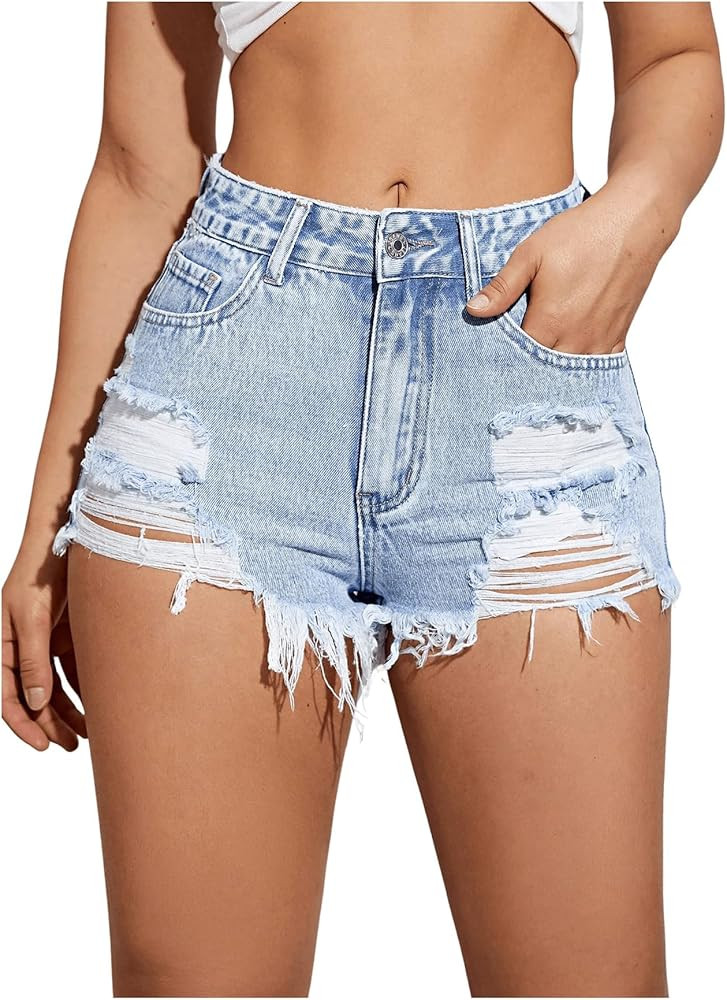 COZYEASE Women's Ripped Raw Trim Denim Shorts Plain Zipper Fly Straight Leg Jean Shorts | Amazon (US)