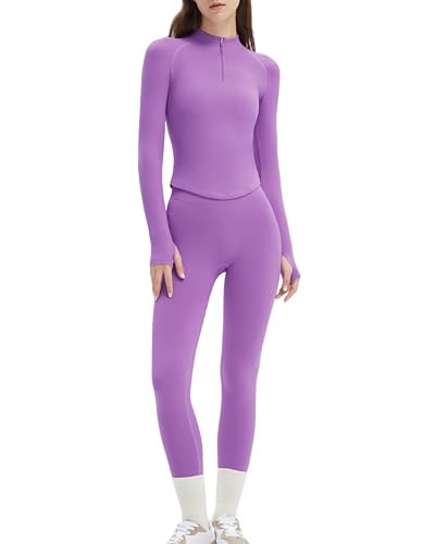 SUUKSESS Workout Sets for Women 2 Piece Seamless Long Sleeve Yoga Outfits Active Leggings Half Zippy Jacket Gym Set | Amazon (US)