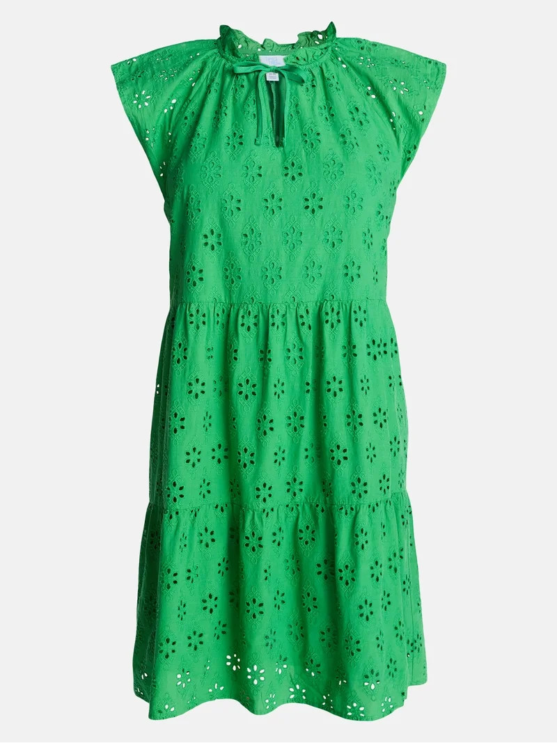 Time and Tru Women's Tiered Cotton Eyelet Mini Dress with Flutter Sleeves, Sizes XS-XXXL | Walmart (US)