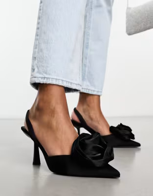 ASOS DESIGN Sia corsage slingback mid heeled shoes in black | ASOS (Global)