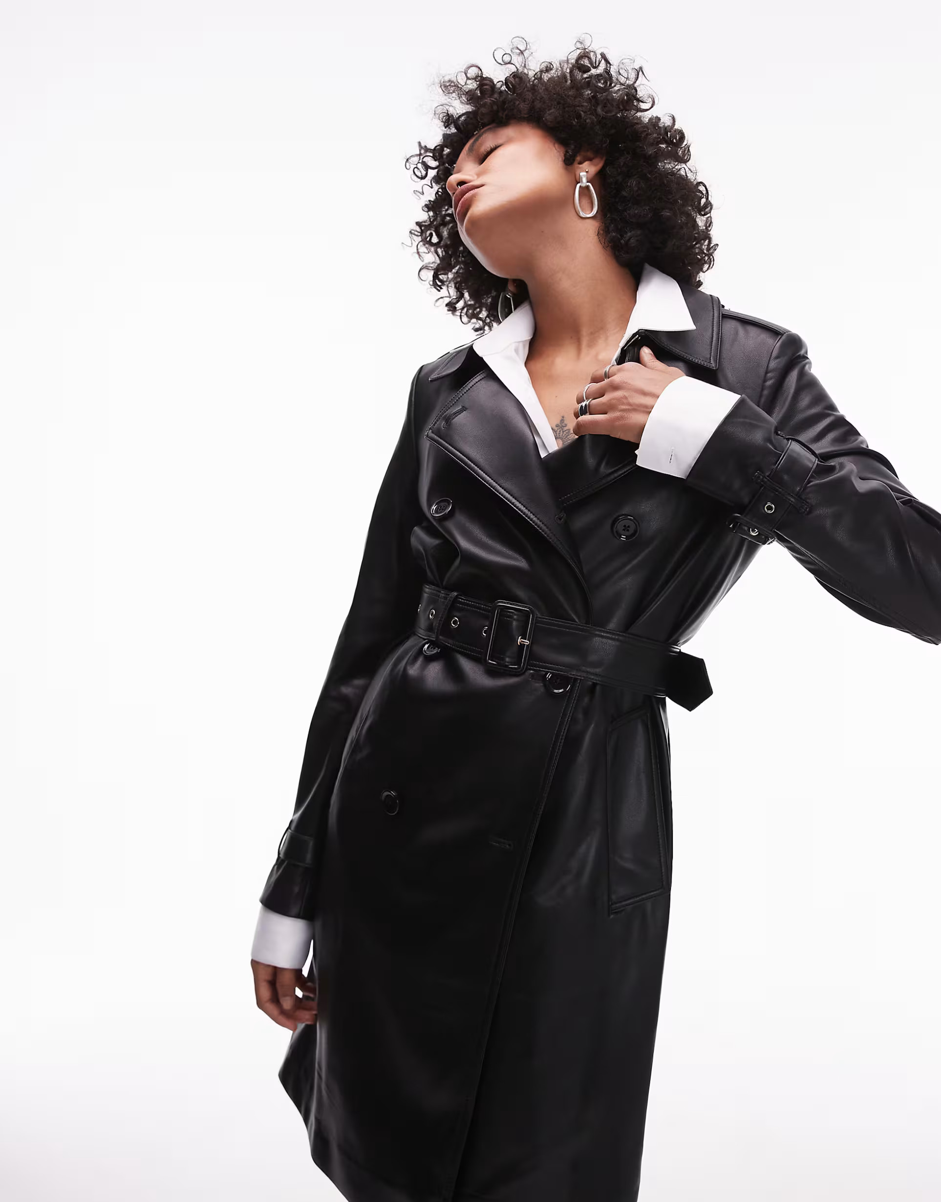 Mango faux leather mid length trench coat in black | ASOS (Global)