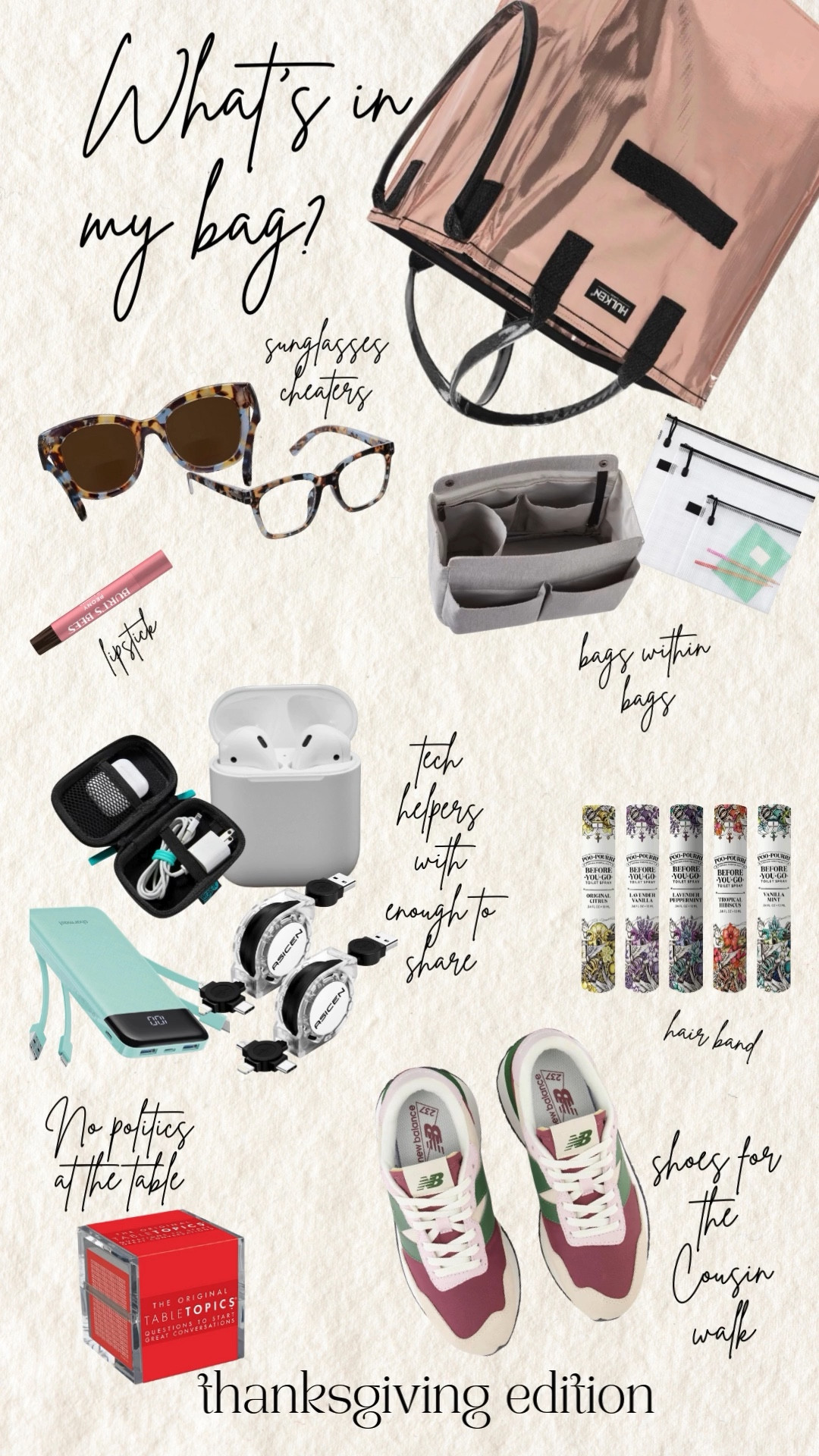 Small helpers that make a big difference over the Thanksgiving holidays check out what’s in my bag
1. Of course I’m using the rolling Hulken bag.
2. Peepers bifocal, sunglasses and cheaters.
3. Gotta keep the lips peony pink
4. Enough tech chords, chargers, etc., to keep peace with the teens.
5. Leave one of the sprays behind in the powder room 😉 😉
6. If politics even start at the table, be sure to bring this game out to change the subject
7. My favorite new sneakers to use for the “cousin walk”. 

#OrganizedLife
#savannahorganizer 
#houseofvon  #savannah #organized #declutter 
@target @amazon @thecontainerstore