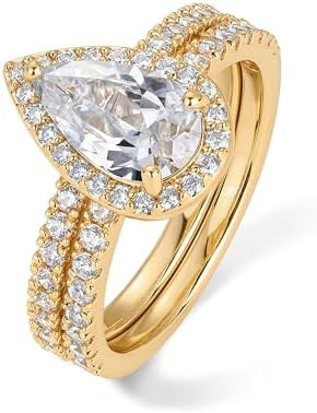 PAVOI 14K Gold Plated 1.7CT Pear Cubic Zirconia Eternity Engagement Ring Promise Ring Set for Wom... | Amazon (US)