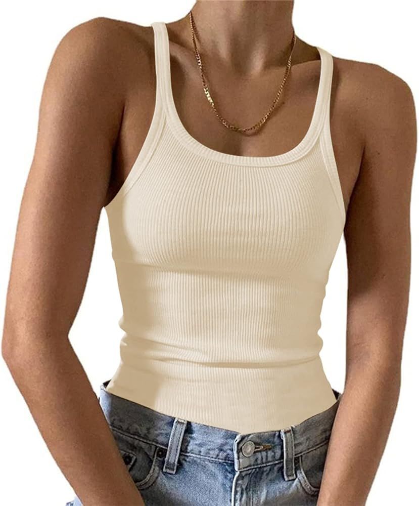 MIRALUNA Women's Sleeveless Ribbed Tank Tops Scoop Neck Slim Fit Knit Solid Color Basic Cami Shirts | Amazon (US)