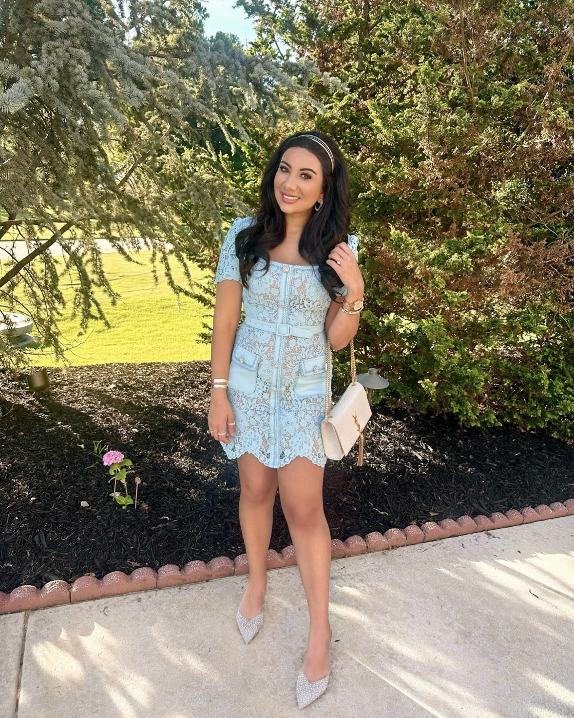 Baby blue Self Portrait lace mini dress 🦋💙 styled with pearl/rhinestone vinyl heels, gold jewelry, & cream YSL Kate bag 