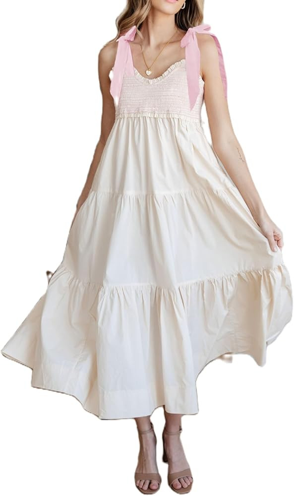 Women Summer Boho Tie Shoulder Dress Y2k Floral Smocked Flowy Long Dress Ruffle Tiered Beach Voca... | Amazon (US)