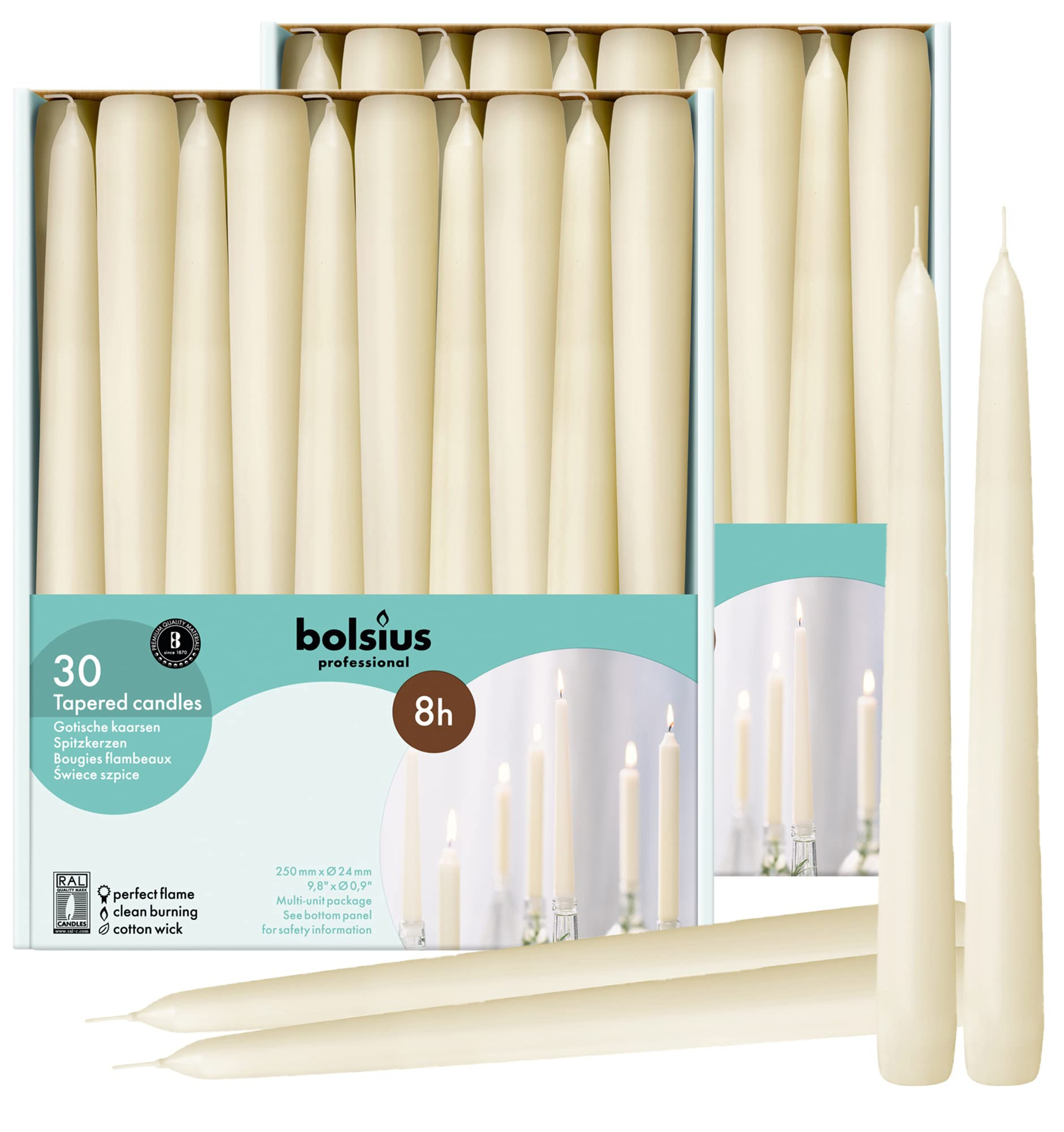 BOLSIUS 60 Count Household Ivory Taper Candles - 10 Inches - Premium European Quality - 8 Hours Burn Time - Unscented Dripless and Smokeless Home Decor, Restaurant, Wedding, and Party Candlesticks | Amazon (US)